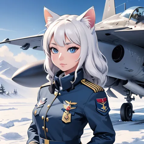 snowy fighter plane background, female cat in military uniform