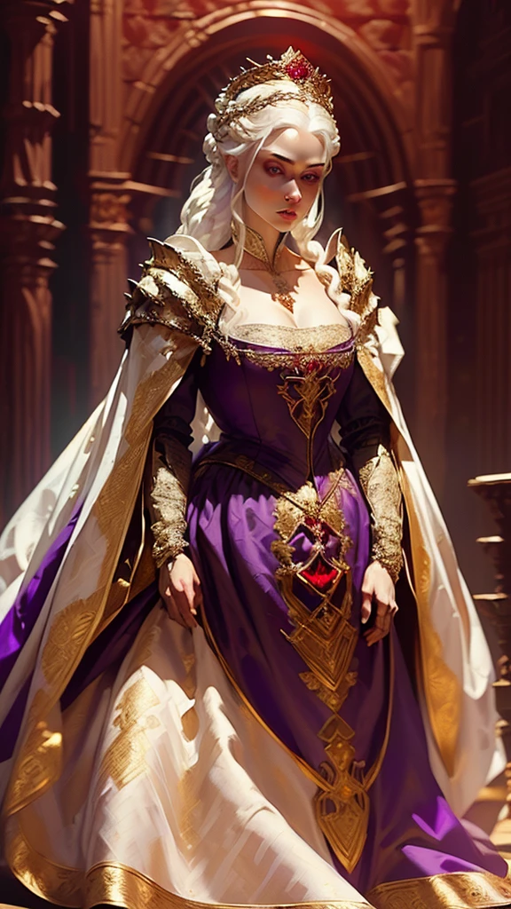 Beautiful albino woman with detailed medieval hairstyle (silky hair)(updo) (white hair,wearing detailed medieval gown (red and black colours), with gold accessories and gold tiara, medieval queen, medieval woman,queen,game of thrones style,daenerys targaryen style, high quality, very detailed,hd quality, masterpiece ((purple eyes))