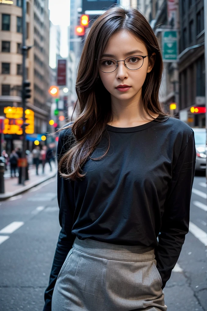 Photo of a beautiful woman standing on a street corner, (masterpiece:1.2, highest quality), (Realistic, photoRealistic:1.4), Beautiful illustrations, (Natural Side Lighting, Cinema Lighting), Written boundary depth, Beautiful thighs staring at the viewer, (((Face Focus, Upper Body))), 1 female, 30-year-old, alone, thin, slender, small breasts!!!, Loose curly hair, Bedhead, Forehead, thin, slender, (((glasses))), long sleeve T-shirt, Skinny skirt, Are standing, New York 25th Street, portrait