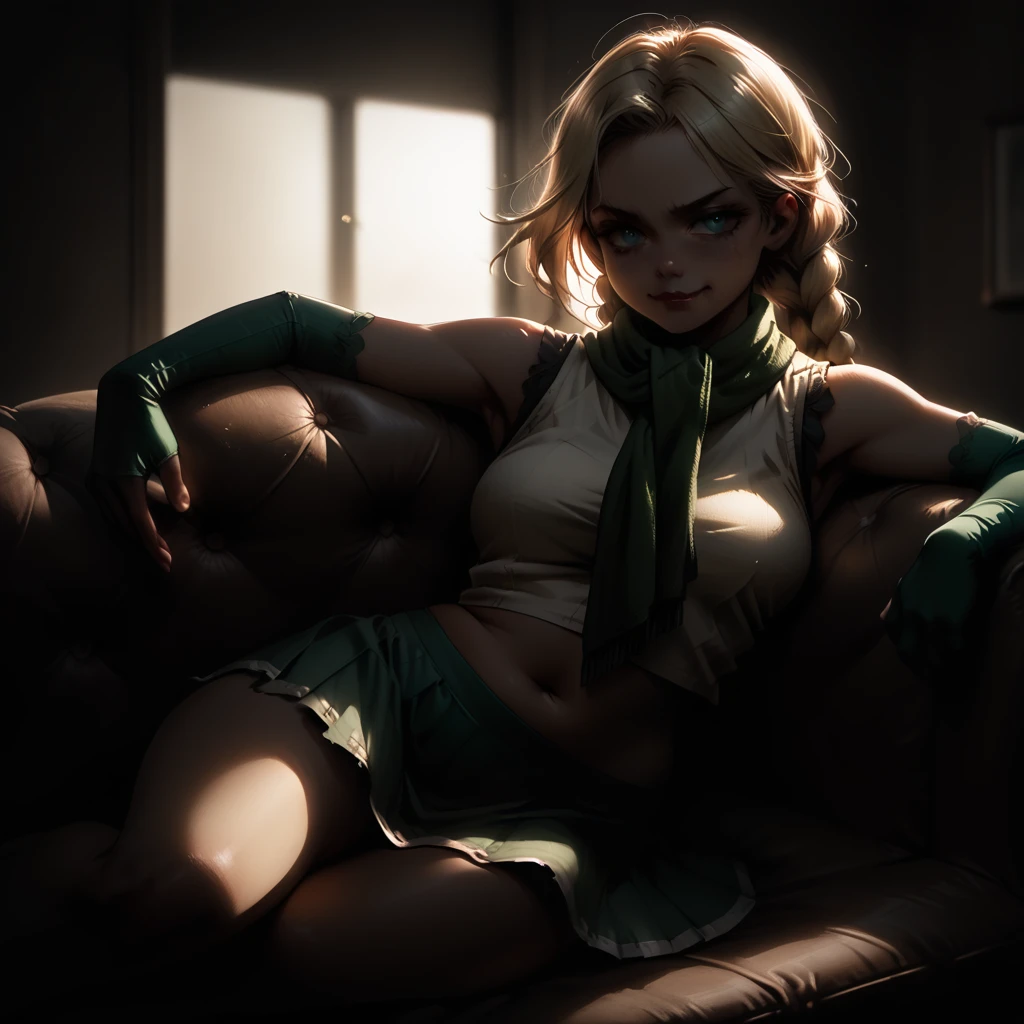 (1girl), 1 girl reclining on couch, ((1 woman))  ((smug expression)) (add_detail:1), lush hair, 1girl, blonde braids, (green neck scarf, white vest, green skirt, white elbow gloves, white thigh high socks,) blue eyes, , dramatic lighting, detailed skin texture, volumetric lighting, belly overhang, focus on belly