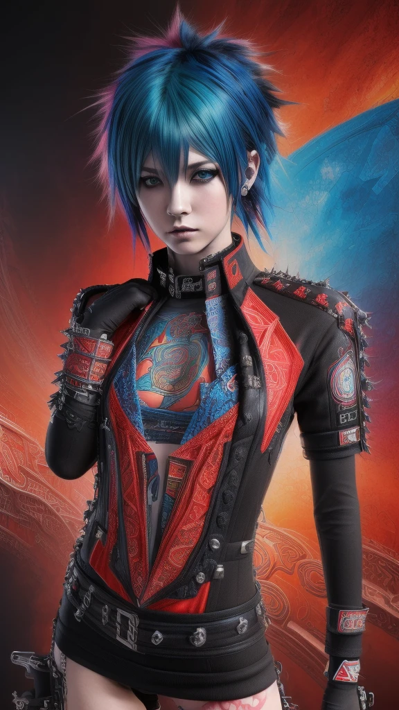 (Masterpiece, Top Quality, Best Quality, Official Art, Punk Beauty and Aesthetics: 1.2), (1 Punk Girl)blue hair, Extreme Detail, (Fractal Art: 1.5), Colorful, Supreme Detail, Perfect Face, Upper Body, HDR, cult, (punk attire red Lines: 1.2), complex background, Light Stripes, Surrealism --niji 50 --chaos 20 --testp