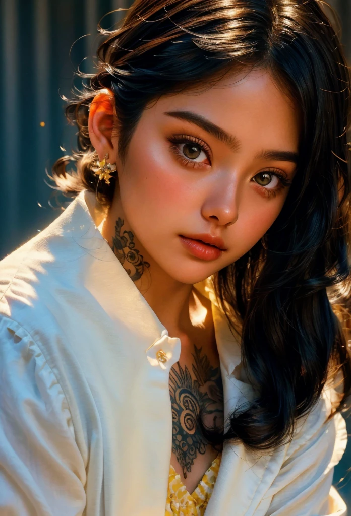 Realistic photo, realistic 20 year old healthy young woman, big eyes, short black hair in focus, muscles in focus, tattoo on neck, clear clean white skin, fashion in dark yellow suit and shirt, wealthy businesswoman, round face, close up full body from bottom up, (best quality, 4k, 8k, high resolution, masterpiece: 1.2), highly detailed, (realistic: 1.37), portrait, bright studio lighting, cinematic.