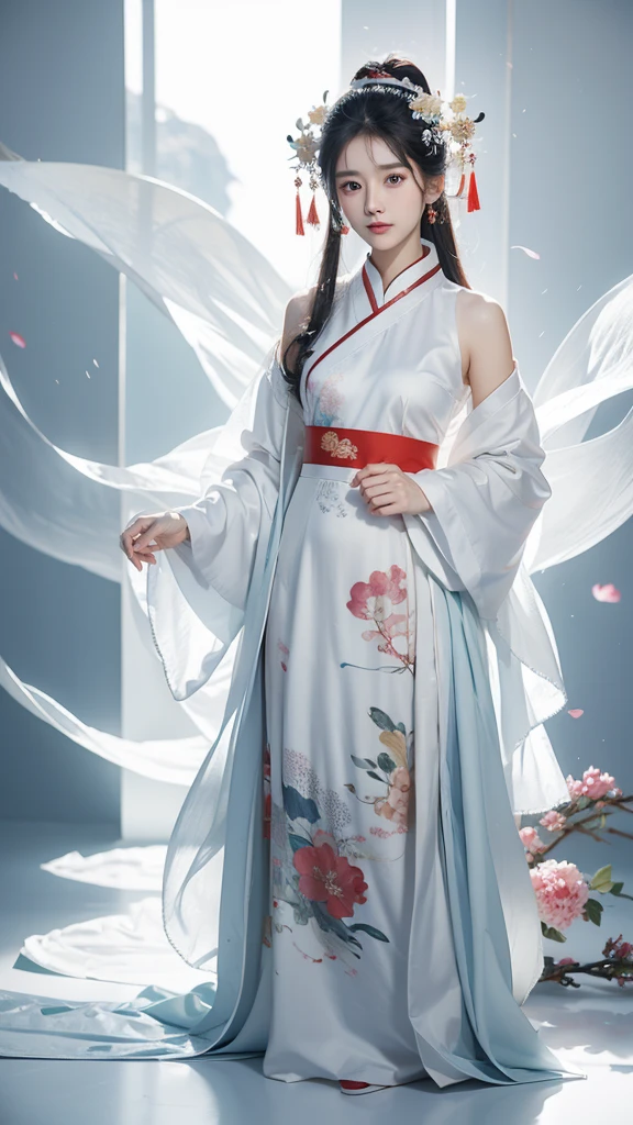 One wears a skirt、Full body shot of woman with flowers in hair, Portrait of Du Qiong, CG Trends, Reality, Beautiful Chinese model, Traditional Beauty, Chinese Girl, cgstation Trends, Hot topics on cgstation, Chinese, palace ， Girl wearing Hanfu, Cute and delicate face, beautiful girl, A beautiful young woman