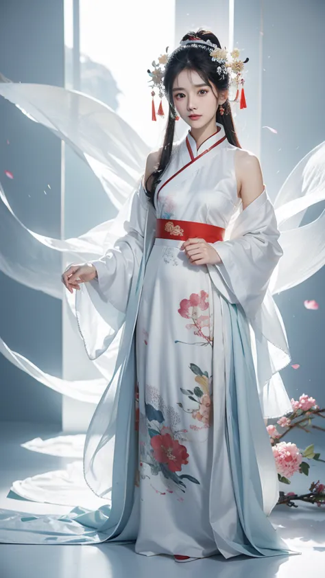 one wears a skirt、full body shot of woman with flowers in hair, portrait of du qiong, cg trends, reality, beautiful chinese mode...