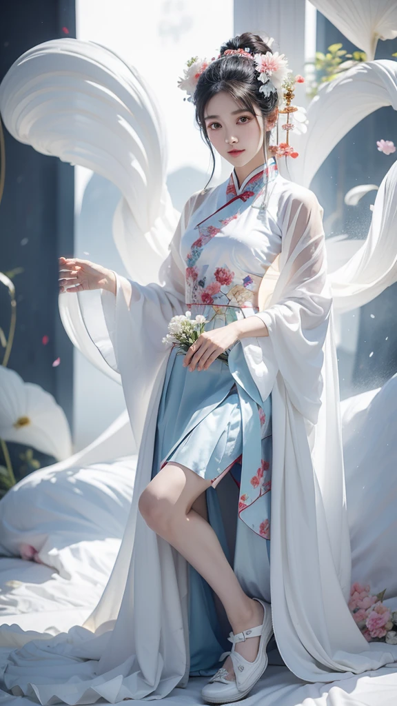 One wears a skirt、Full body shot of woman with flowers in hair, Portrait of Du Qiong, CG Trends, Reality, Beautiful Chinese model, Traditional Beauty, Chinese Girl, cgstation Trends, Hot topics on cgstation, Chinese, palace ， Girl wearing Hanfu, Cute and delicate face, beautiful girl, A beautiful young woman