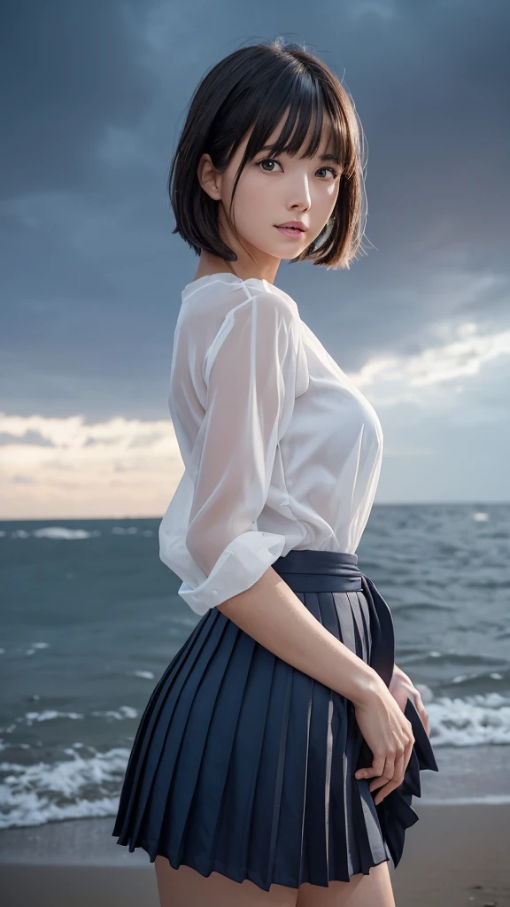 Tabletop, Highest quality, One Girl, (beautiful girl, Delicate:1.3), (:1.3), Definition of very fine particles, (Symmetrical eyes:1.3), night, ( White shirt,Navy blue pleated skirt), Flat Chest, Brown eyes, Parted bangs, Brown Hair, Upper teeth, (Eye and facial details:1.0), (RAW Photos, Film Grain, chromatic aberration), (Bokeh: 1.1),(thin,Wet), score_9, score_8_Excellent, score_7_Excellent, High resolution style, A masterpiece in 32K resolution, Highest quality, it is really amazing, Very detailed, Ultra-high resolution, ultra-Realistic, Realistic, Increased depth of field, Cinema Lighting,
(Sexy Mature Japan Women: 1.1),
Black straight medium hair, Very detailed美しい顔, Calm and gentle look, 美しいBrown eyes, Translucent white skin, Realistic skin texture, Great proportions,
Elegant high leg swimsuit,
Simple design, Chic color scheme, Detailed fabric texture,
(dark cloudy sky on a dull night: 1.1), (Dark clouds covering the sky: 1), (Thundercloud: 1), night coastline, Stormy Sea, (Delayed desolate beach: 1),
Cinematic Angles,