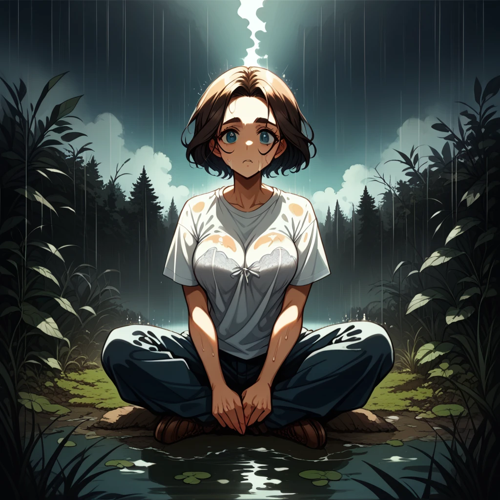 (1 girl) (masterpiece, best quality) (woman in a colorful graphic designer t shirt) (sitting on a lake dock), , ,  , (stormy dark sky, raining) , extreme detail on face (breast squishing together)
(), large forehead, large dark eyebrows, large nose, wide chin
(Breasts covering entire torso) ((full body picture))
normalized chounyuu ((safe for work:1.3) (( breasts covered by shirt)),  by norman Rockwell,  white bra visible through clothes,