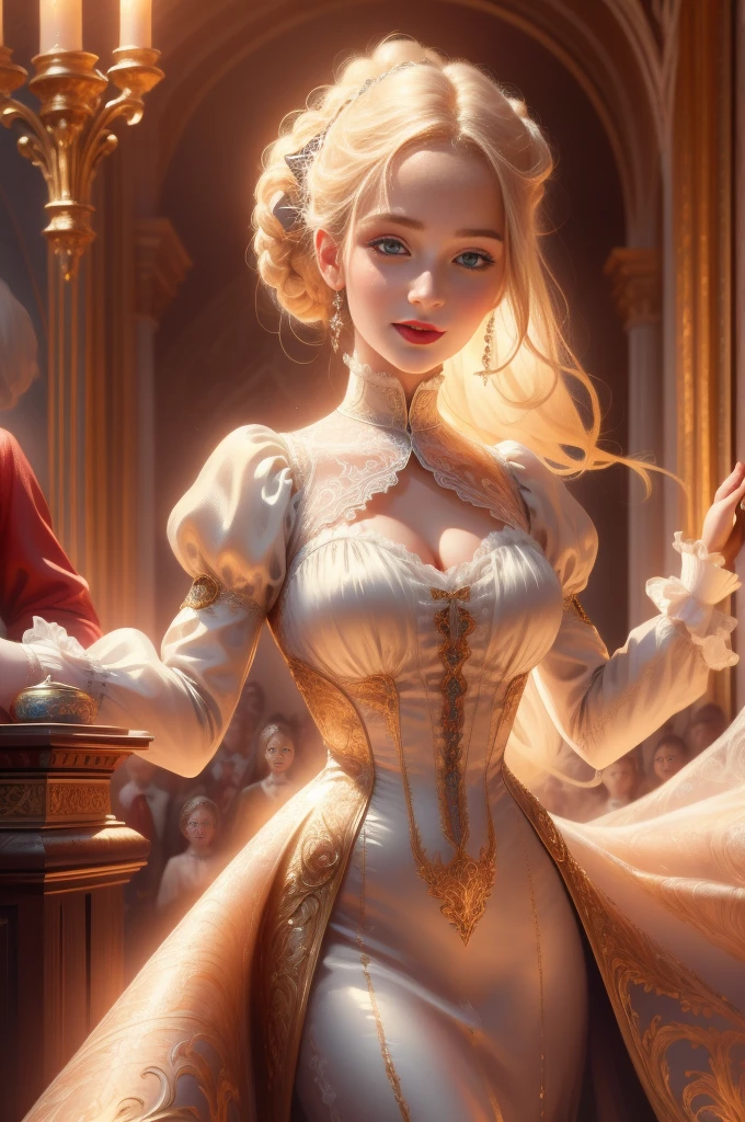 (Masterpiece - Ultra-detailed, very high resolution) Prepare to be enchanted by a true masterpiece that combines ultra-detailed art with high-resolution rendering. This work depicts a mesmerizing woman with very long blond hair (1.3) and captivating light blue eyes (1.2), emanating an aura of elegance and mystery in Victorian settings. The intricate details and realistic textures invite you to explore every aspect of this enchanting composition. Woman wearing beautiful classic Victorian costume from the year 1878. Red lips. Happy face. Smiling. (white dress). Dancing lightly, upper body, dynamic poses. Get ready to dive into a world where beauty and craftsmanship merge perfectly.