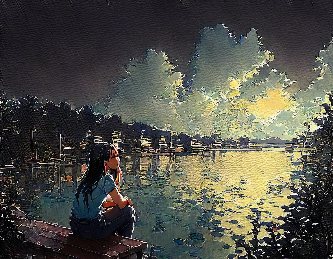 (1 girl) (masterpiece, best quality) (woman in a colorful graphic designer t shirt) (sitting on a lake beach), , ,  , (stormy dark sky, raining) , extreme detail
((Melancholy emotions:1.4)), , large dark eyebrows wide chin
(Breasts covering entire torso) ((full body picture)) ((safe for work:1.3) ((large breasts covered by shirt)),  art by norman Rockwell,  white bra visible through clothes,