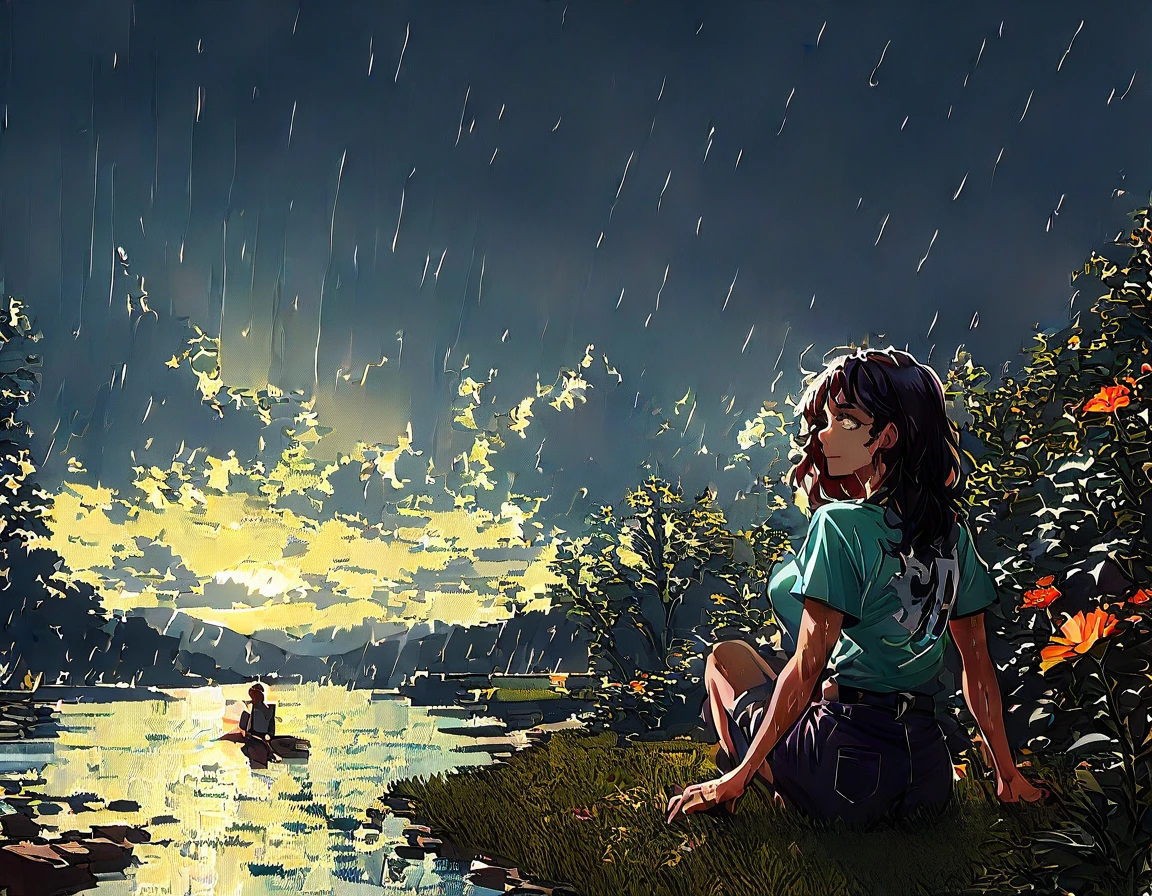 (1 girl) (masterpiece, best quality) (woman in a colorful graphic designer t shirt) (sitting on a lake beach), , ,  , (stormy dark sky, raining) , extreme detail
((Melancholy emotions:1.4)), , large dark eyebrows wide chin
(Breasts covering entire torso) ((full body picture)) ((safe for work:1.3) ((large breasts covered by shirt)),  art by norman Rockwell,  white bra visible through clothes,