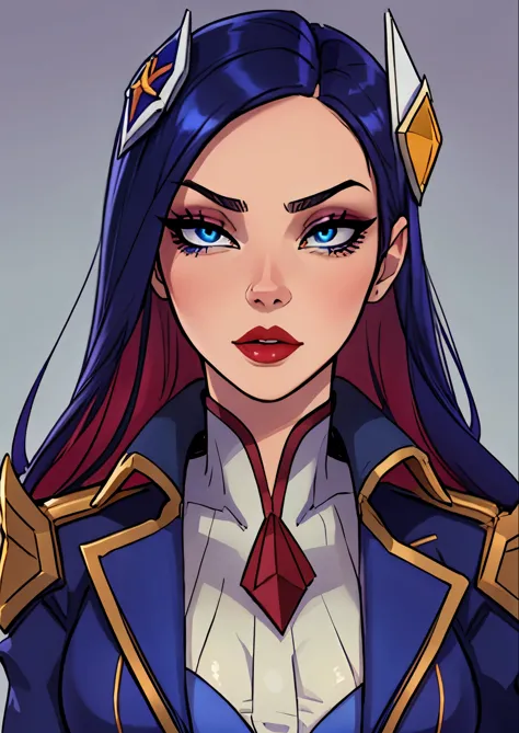 masterpiece, best quality, 1female, beautiful, face portrait, deep makeup, lipstick, face focus, battle academia caitlyn, 1girl,...