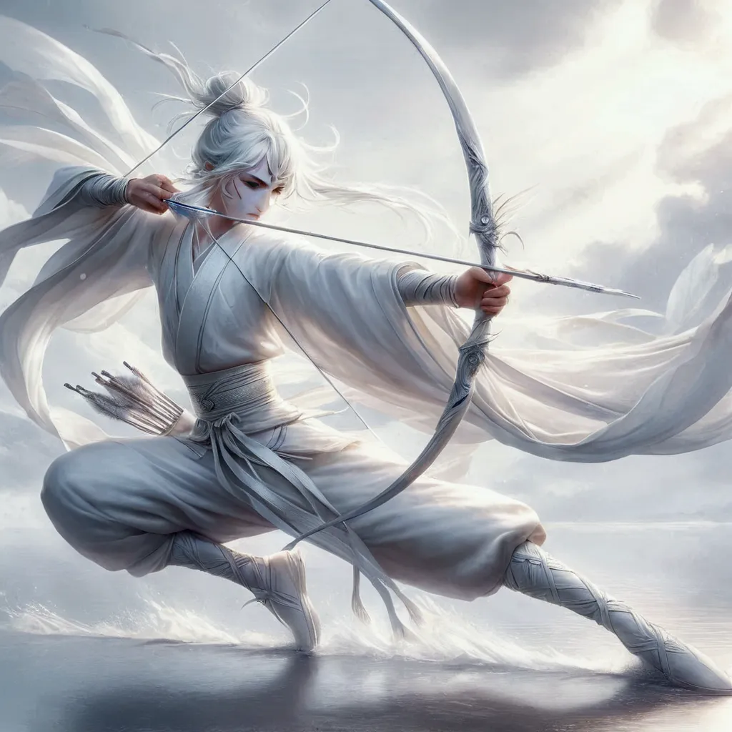 a white waif gaussian silk loincloth bottom and top holding a long thin long rifle, in dynamic splits pose aiming at its prey, 8...