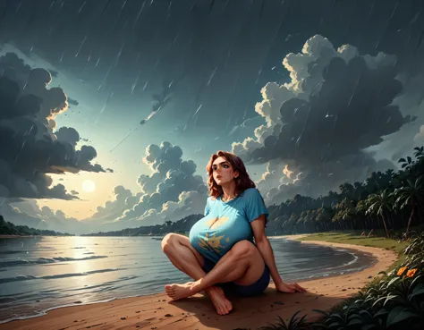 (1 girl) (masterpiece, best quality) (woman in a colorful graphic designer t shirt) (sitting on a lake beach), , ,  , (stormy da...