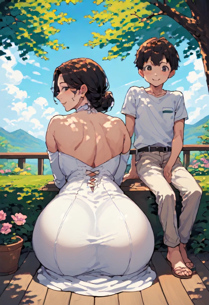 score_9, score_8_up, score_7_up, source_anime, 1boy, 1girl, mature female, mother and son, kid, smile, looking at viewer, The mother is sitting, son is clinging on mother, white dress, from behind, (focus on her hips)