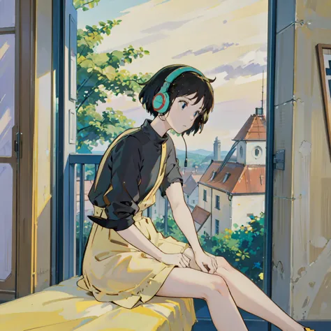 lofi song, sit on the bed. looking out the window, drink coffee. listening to music through headphones, looking out the window a...