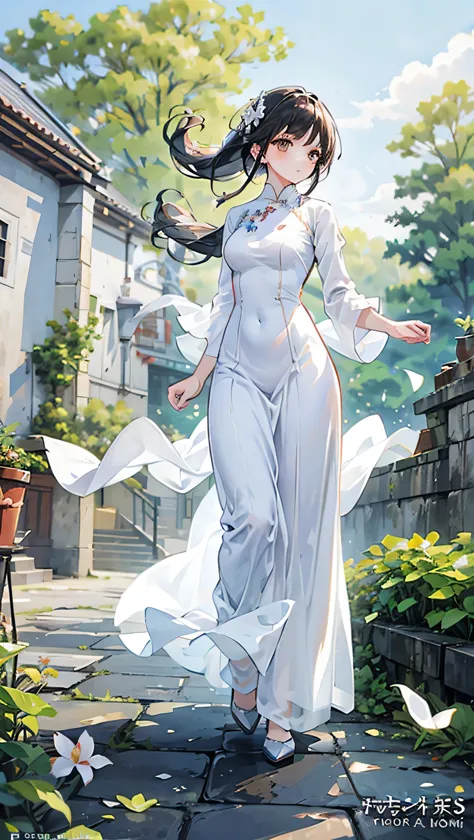 full body illustration, white ao dai (vietnam long dress), village, black hair, hair flying in wind, warm tone, brown eyes, winn...