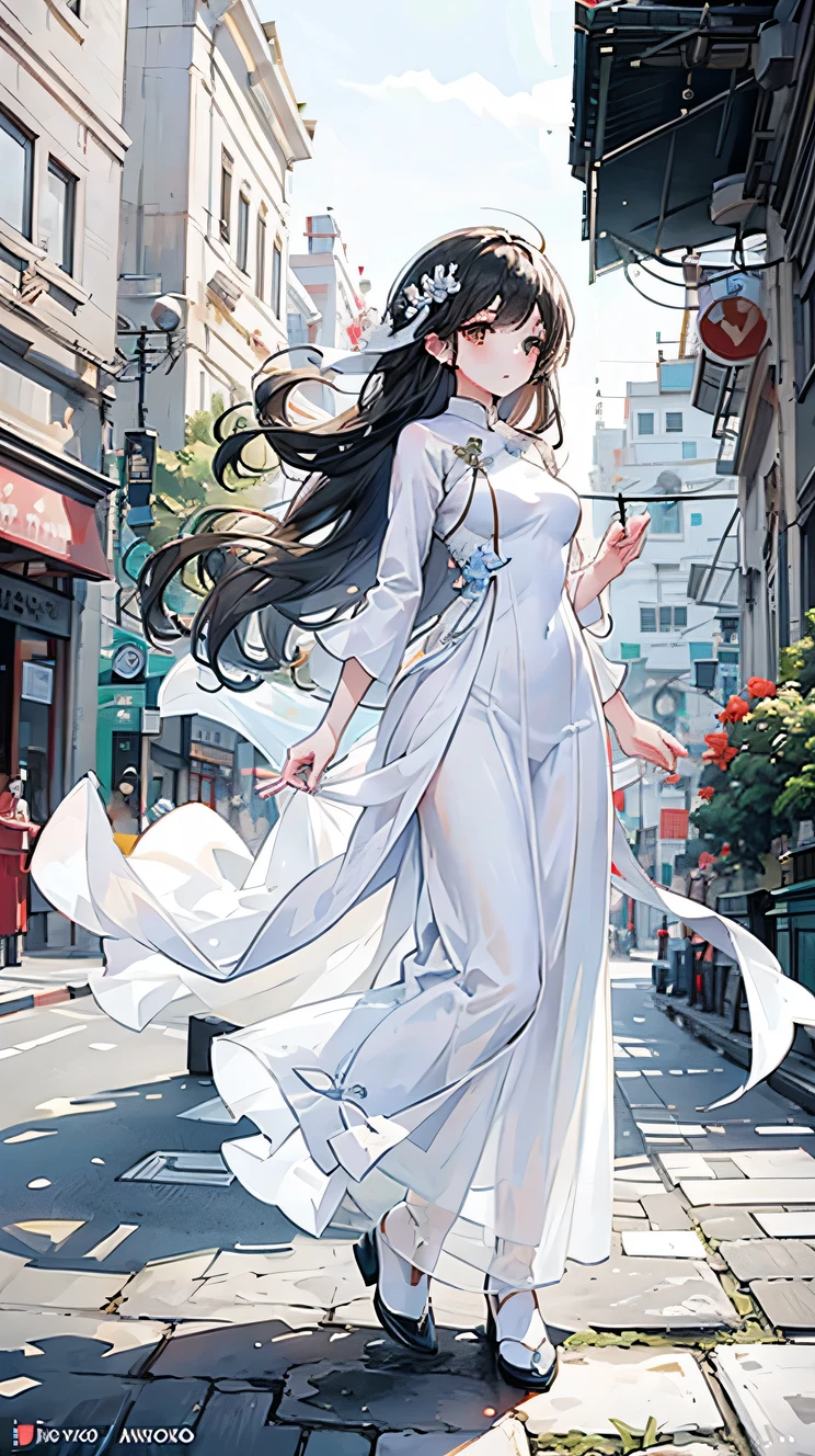 Full body illustration, white Ao dai (Vietnam long dress), town, shop, Black hair, hair flying in wind, warm tone, brown eyes, winner pixiv contest, 