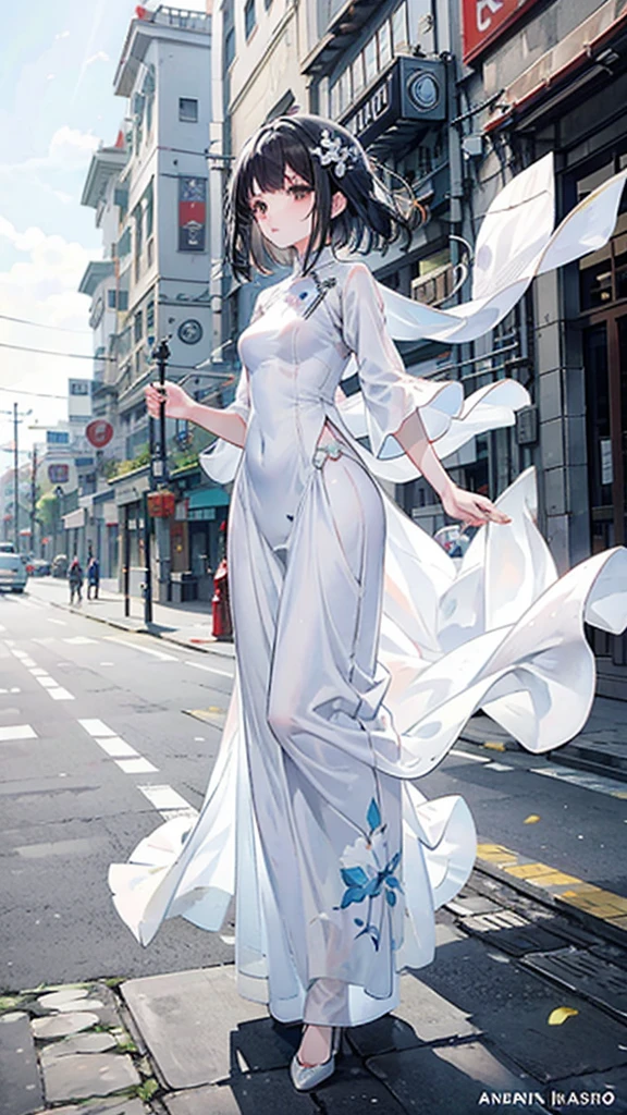 Full body illustration, white Ao dai (Vietnam long dress), town, small salon shop, Black hair, hair flying in wind, warm tone, brown eyes, winner pixiv contest, 