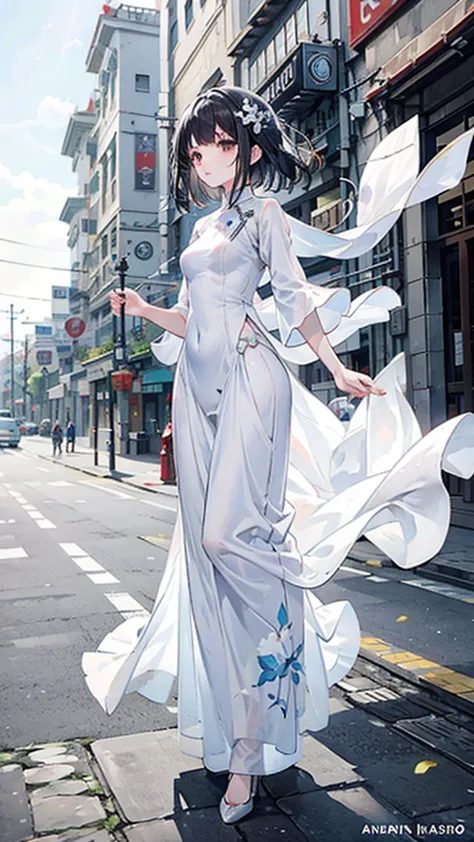 full body illustration, white ao dai (vietnam long dress), town, small salon shop, black hair, hair flying in wind, warm tone, b...