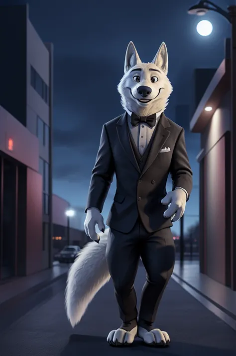 gary \(zootopia\), (white body:1.4), white fur, zootopia, canine, wolf, detailed fur, male, antro, paw pads, finger claws, 5 fin...