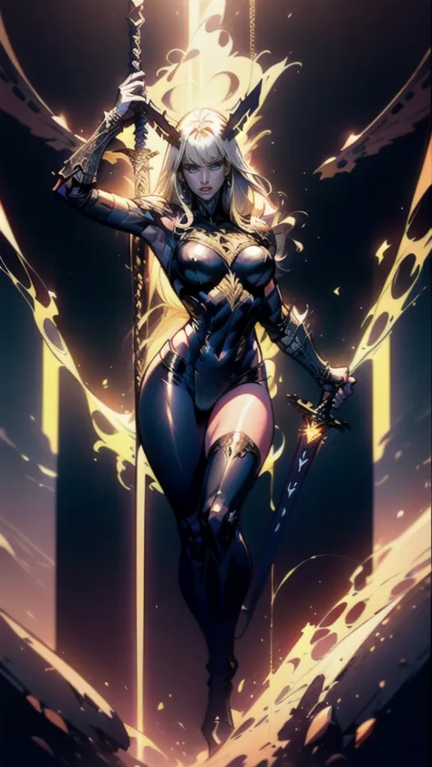 (full body portrait), magik of x-men, illyana rasputin with long white hair, piercing blue eyes, wearing a low cut unitard with ...