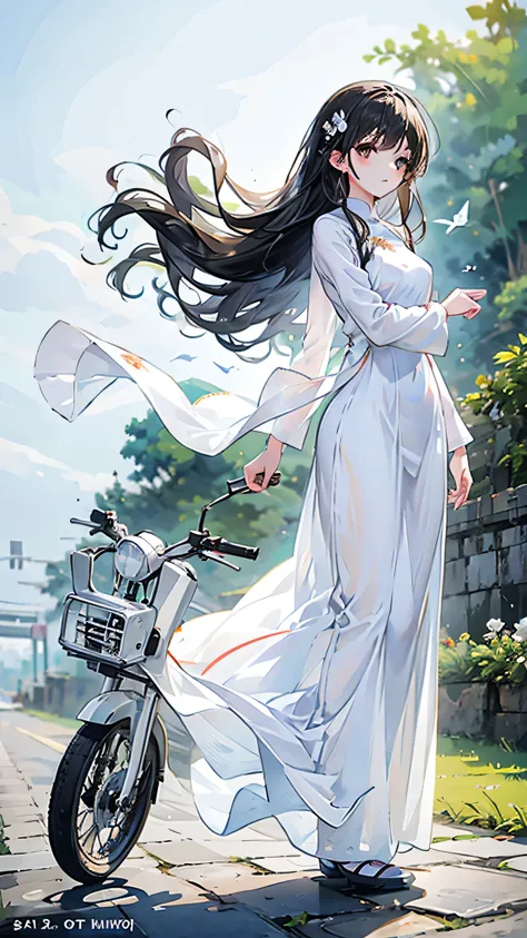 full body illustration, white ao dai (vietnam long dress), ride a bike, country girl, black hair, hair flying in wind, warm tone...