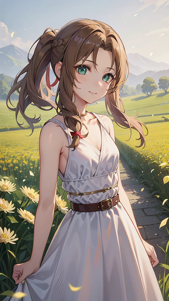 (high quality, Breathtakingly beautiful),(Expressive eyes, Perfect Face) One person, woman, alone, Young people, 20代の若いwoman, Brown Hair, Green Eyes, Stylish hairstyle, A kind smile, Long Hair, Hair loss, Side bangs, Curly Hair, Tied up, Red ribbon in hair, Braided Ponytail, Ancient Greek Clothing, elegant , Aerith Gainsborough, long white dress, Demon Slayer Art Style, Sleeveless dress, Greek Dresses, Flower field in the background, Dandelion, Petals float, Red belt around the waist, View your viewers, slightly narrowed eyes, Portraiture