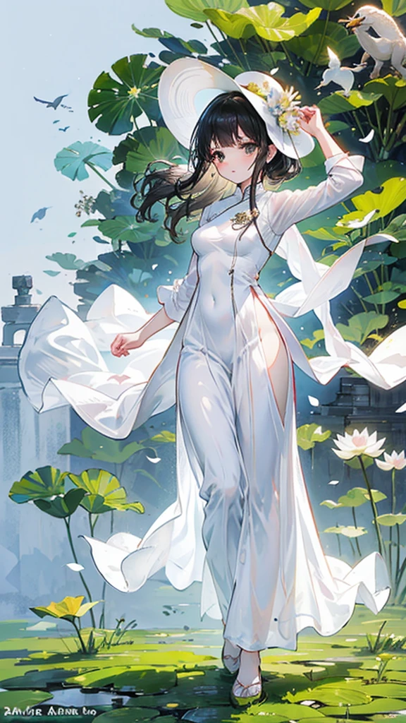 white Ao dai (Vietnam long dress), ride a bike, country girl, Black hair, hair flying in wind, warm tone, brown eyes, winner pixiv contest, Conical hats, lotus flowers, rice flowers