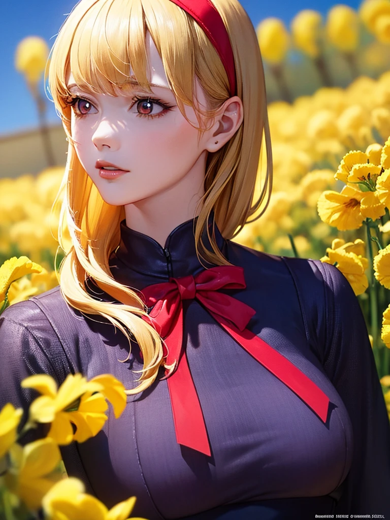 (RED Ribbon on HAIRband:1.2),Blonde HAIR,(masterpiece, best quality, highly detailed, ultra detailed, high resolution, absurdres, 4K, 8K:1.2), (official art, incredibly fine illustration, extremely detailed CG, detailed background, cinematic lighting, dynamic angle, perfect hands, detailed shiny skin, detailed hair, detailed eyes)(extremely awesome detailed pretty  face,beauty face)(extremely detailed)(Three-dimensional depiction)
BREAK, ((canola flowers, cherry blossoms)){(large grounds, canola flowers, cherry blossoms in full bloom, beautiful woman wearing a one-piece dress)},8k, high resolution, absurd, employed, delicately composed, detailed, exquisitely detailed, bold composition, cinematic angles, dynamic angles, top quality, masterpiece,