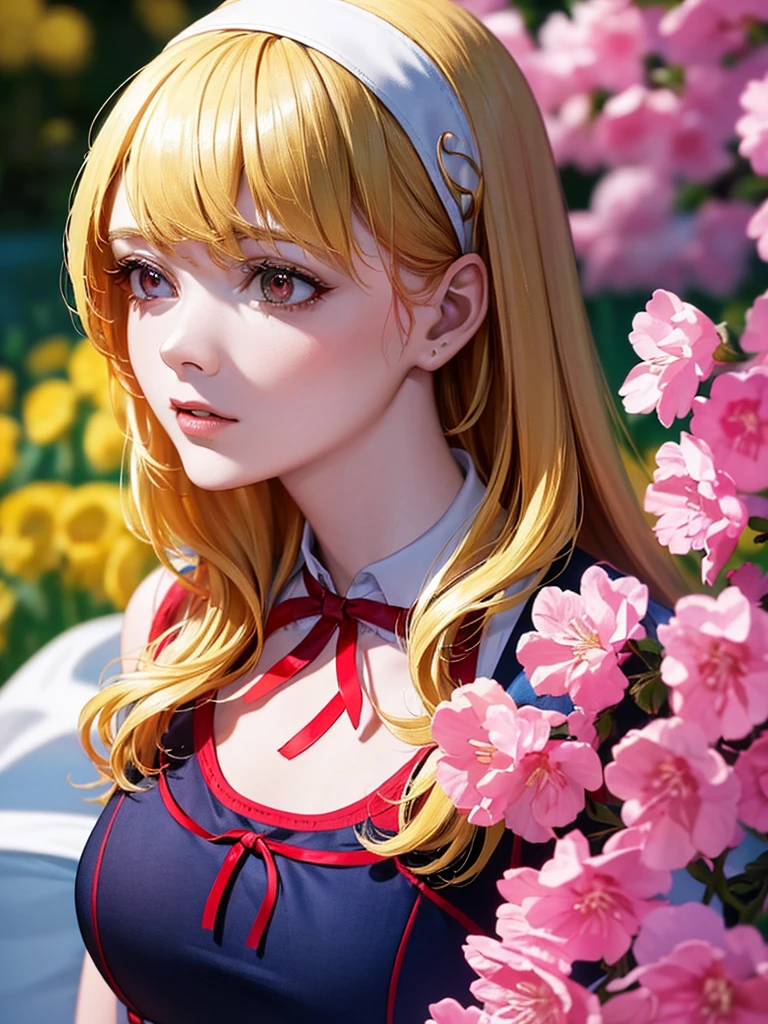 (RED Ribbon on HAIRband:1.2),Blonde HAIR,(masterpiece, best quality, highly detailed, ultra detailed, high resolution, absurdres, 4K, 8K:1.2), (official art, incredibly fine illustration, extremely detailed CG, detailed background, cinematic lighting, dynamic angle, perfect hands, detailed shiny skin, detailed hair, detailed eyes)(extremely awesome detailed pretty  face,beauty face)(extremely detailed)(Three-dimensional depiction)
BREAK, ((canola flowers, cherry blossoms)){(large grounds, canola flowers, cherry blossoms in full bloom, beautiful woman wearing a one-piece dress)},8k, high resolution, absurd, employed, delicately composed, detailed, exquisitely detailed, bold composition, cinematic angles, dynamic angles, top quality, masterpiece,