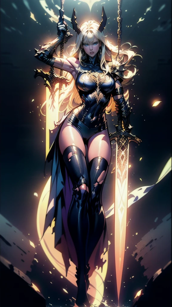 (full body portrait), Magik of X-men, Illyana Rasputin with long white hair, piercing blue eyes, wearing a low cut unitard with high cut legs, tight thigh high boots, holding a glowing magical sword, jumping with sword raised back behind head, huge overhead swing of sword, floating in a mystical realm with swirling energy, (best quality,8k,highres,masterpiece:1.2),ultra-detailed,realistic,photorealistic,photo-realistic:1.37,concept art,dark fantasy,digital painting, dramatic lighting, cinematic, intricate details,ethereal,otherworldly atmosphere, no bra, (torn clothes:1.3)