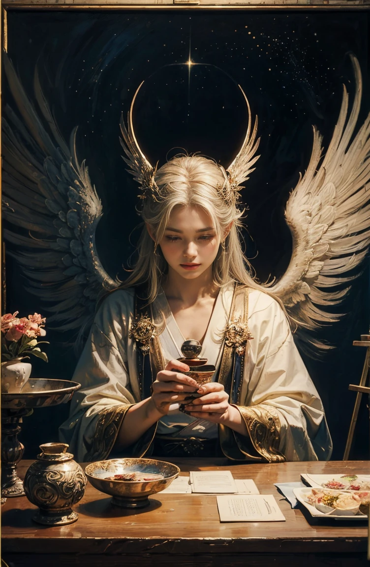 (Tabletop, Highest qualityの, Highest quality, Official Art, (beautifully、beautiful:1.4), (Oil painting:1.4) ),（（male））  (lucifer), God of Japanese God Stories々々, fleeting beauty, A mysterious god illuminated by the starry sky, Winged Angel、god&#39;Grace, Calm and thoughtful expression, Flowing Heavenly Robe, Dazzling silver stars light up the night view, Dance of shadows and lights, Whispers of Ancient Legends