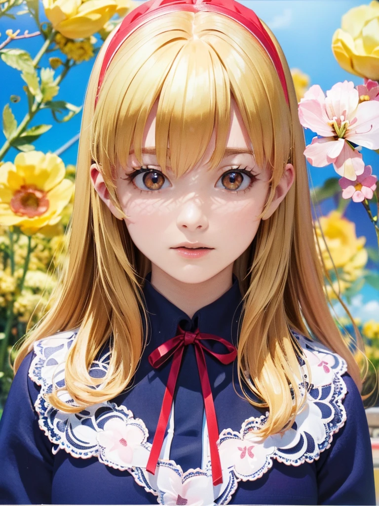 (RED Ribbon on HAIRband:1.2),Blonde HAIR,(masterpiece, best quality, highly detailed, ultra detailed, high resolution, absurdres, 4K, 8K:1.2), (official art, incredibly fine illustration, extremely detailed CG, detailed background, cinematic lighting, dynamic angle, perfect hands, detailed shiny skin, detailed hair, detailed eyes)(extremely awesome detailed pretty  face,beauty face)(extremely detailed)(Three-dimensional depiction)
BREAK, ((canola flowers, cherry blossoms)){(large grounds, canola flowers, cherry blossoms in full bloom, beautiful woman wearing a one-piece dress)},8k, high resolution, absurd, employed, delicately composed, detailed, exquisitely detailed, bold composition, cinematic angles, dynamic angles, top quality, masterpiece,