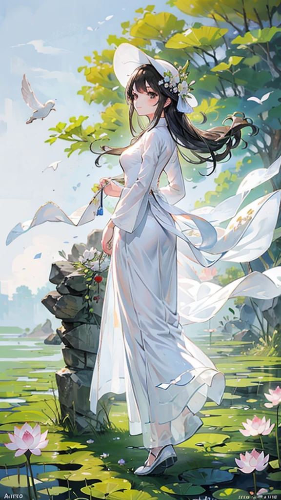 white Ao dai (Vietnam long dress), ride a bike, country girl, Black hair, hair flying in wind, warm tone, brown eyes, winner pixiv contest, Conical hats, lotus flowers, rice flowers