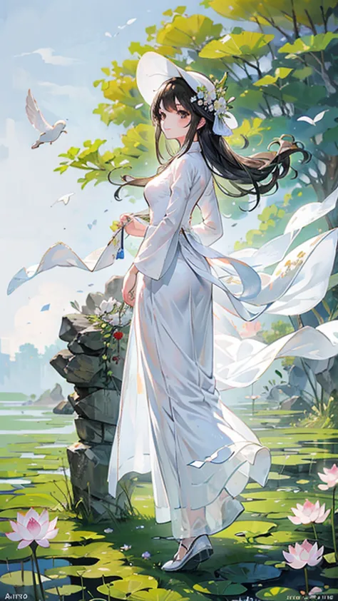 white ao dai (vietnam long dress), ride a bike, country girl, black hair, hair flying in wind, warm tone, brown eyes, winner pix...