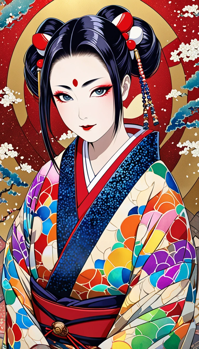 kabuki, kabuki make-up, Ukiyo-e, Japanese painting, woodblock print, attractive and seductive expression, red twin-tails hair, wearing opened rainbow colorful Japanese kimono, background painted with a fusion of oil and watercolor iridescent stained glass, conceptual installation art, (ultra detailed, absolutely resolution, best quality:1.3), 2.5D, delicate and dynamic effects, glitter gold dust effects, artistic, hyper, graphic CG digital art