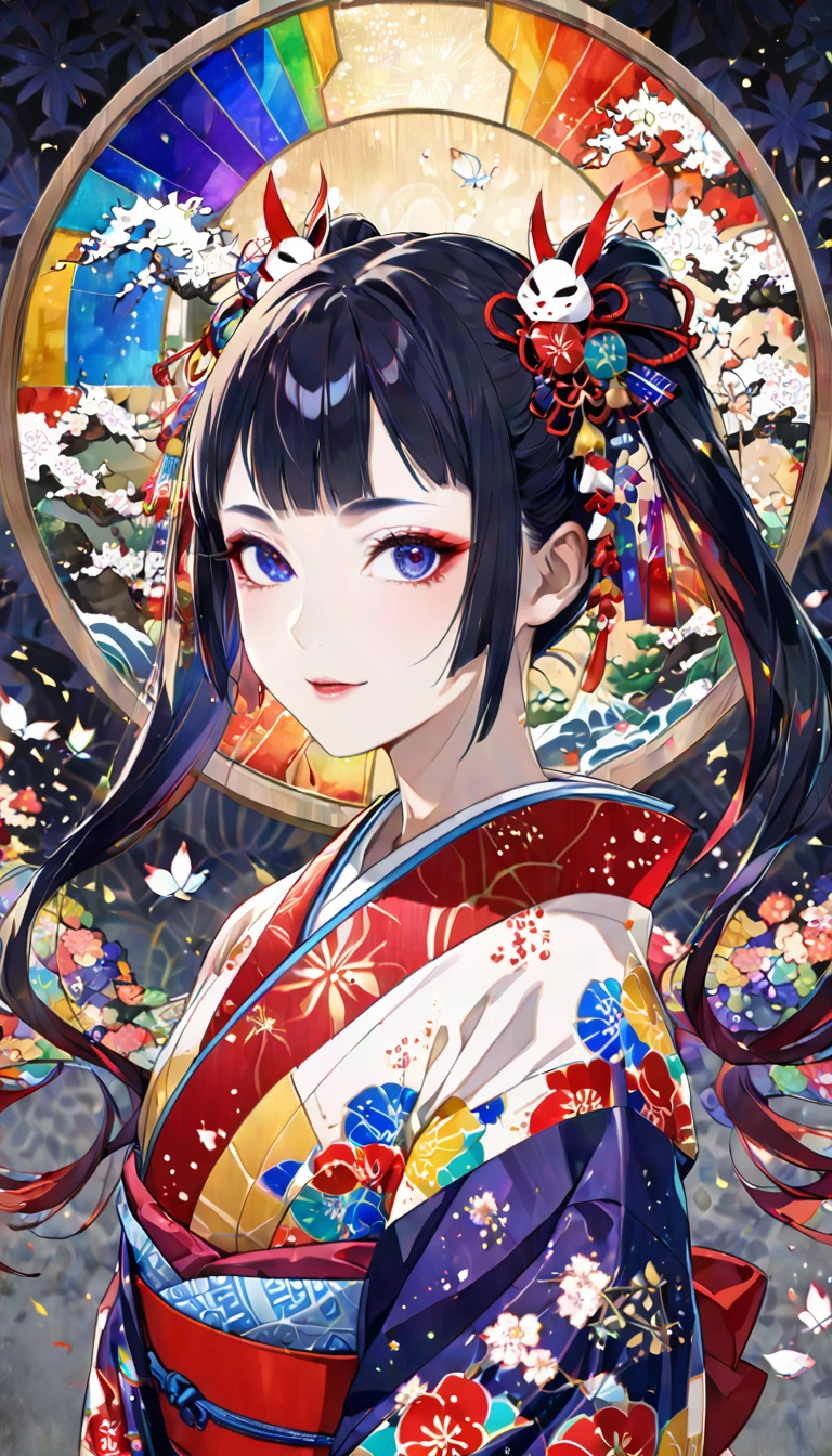 kabuki, kabuki make-up, Ukiyo-e, Japanese painting, woodblock print, attractive and seductive expression, red twin-tails hair, wearing opened rainbow colorful Japanese kimono, background painted with a fusion of oil and watercolor iridescent stained glass, conceptual installation art, (ultra detailed, absolutely resolution, best quality:1.3), 2.5D, delicate and dynamic effects, glitter gold dust effects, artistic, hyper, graphic CG digital art