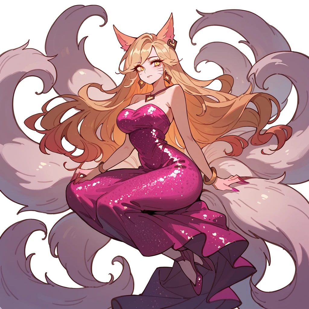 score_9, score_8_up, score_7_up, ahri (league of legends), 1girl, sexy, full body, squinty eyes, earrings, wavy yellow hair, fox ears, 9 tails, long eyelashes, glitter dress, big bust
