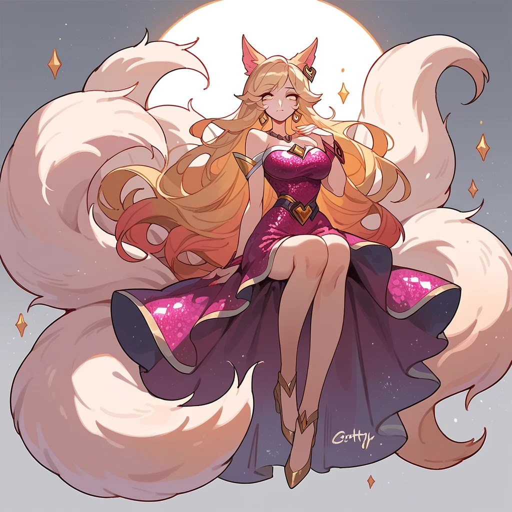 score_9, score_8_up, score_7_up, ahri (league of legends), 1girl, sexy, full body, squinty eyes, earrings, wavy yellow hair, fox ears, 9 tails, long eyelashes, glitter dress, big bust
