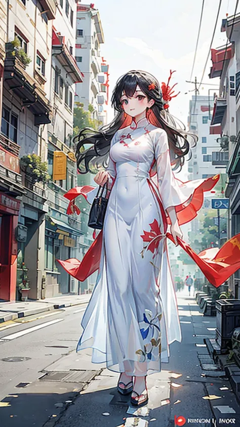 one women walking down a street with vietnamese flags hanging from the buildings, vietnam, vietnamese woman, ao dai, illustratio...