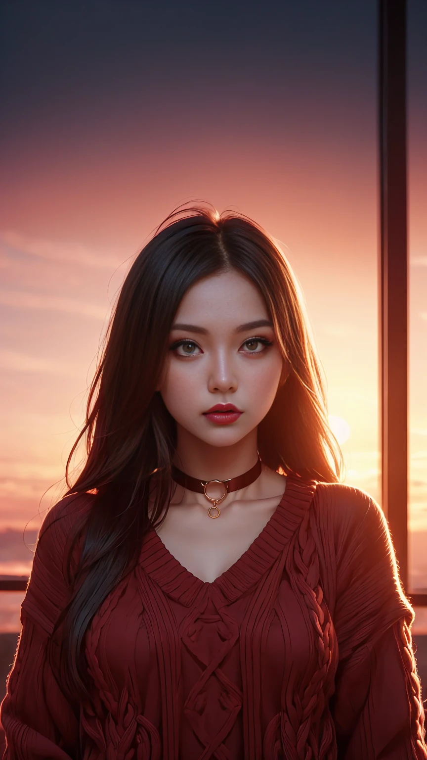 1 young cute girl, very slim, perfect body, rouge, red neck choker, cateyes makeup, colorful, oversize knit jumper, softcore, warm lighting, cosy atmosphere, Instagram style, red theme, upper body shot,(cinematic, black and red:0.85), (sunset beautiful background:1.3), sharp, dim colors