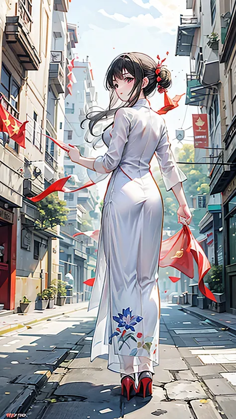 one women walking down a street with vietnamese flags hanging from the buildings, vietnam, vietnamese woman, ao dai, illustratio...