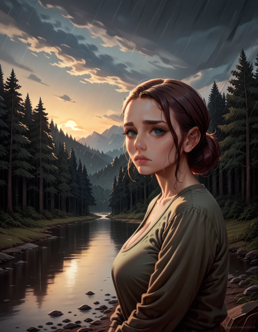 (1 girl) (masterpiece, best quality) ((the cutest camp councilor is sad she wont see you until next year)) , ,  , (stormy dark sky, sunset, raining) (beautiful forest background)
((Melancholy emotions:1.4)), ((realistic oil painting)) art by norman Rockwell, ((not sexualized huge breasts))