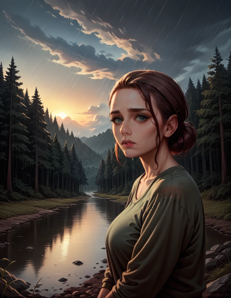 (1 girl) (masterpiece, best quality) ((the cutest camp councilor is sad she wont see you until next year)) , ,  , (stormy dark sky, sunset, raining) (beautiful forest background)
((Melancholy emotions:1.4)), ((realistic oil painting)) art by norman Rockwell, ((not sexualized huge breasts))