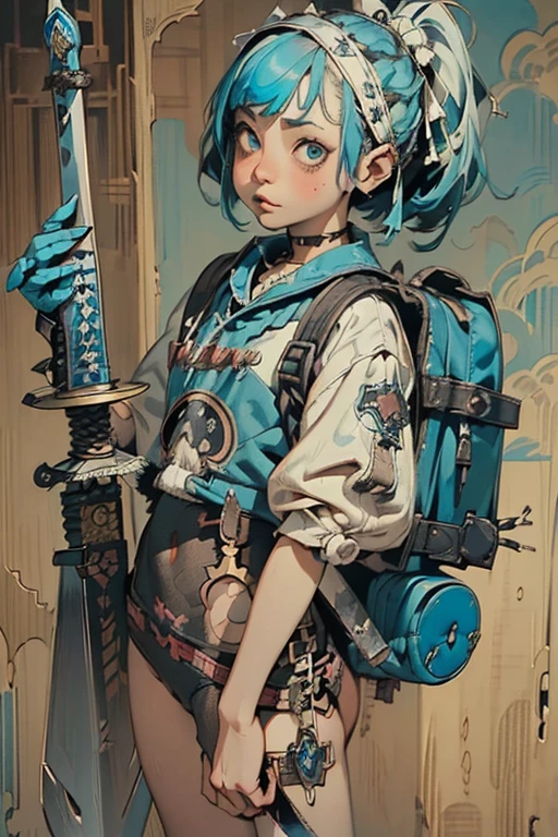 ((1 punk girl,Unusual punk hair:1.3)),((Blue and white British punk fashion:1.5)),(Light black and blue hair:1.5、Long Bangs:1.5、short hair)Studded clothing、((Holding a sword in his right hand:1.5))、((Small backpack on the back))、（Narrow and small eyes）,Wacky makeup、Breast augmentation, (masterpiece), (High resolution), (Very delicate), nightmare, Doll-like face, Manga Style, Horror elements, Manga Styleイラスト, Japanese painting, phantom, (spooky), Japan sculpture, crazy illustration, antique, Dark atmosphere, Flat Illustration,spookyな外観, Unique atmosphere
