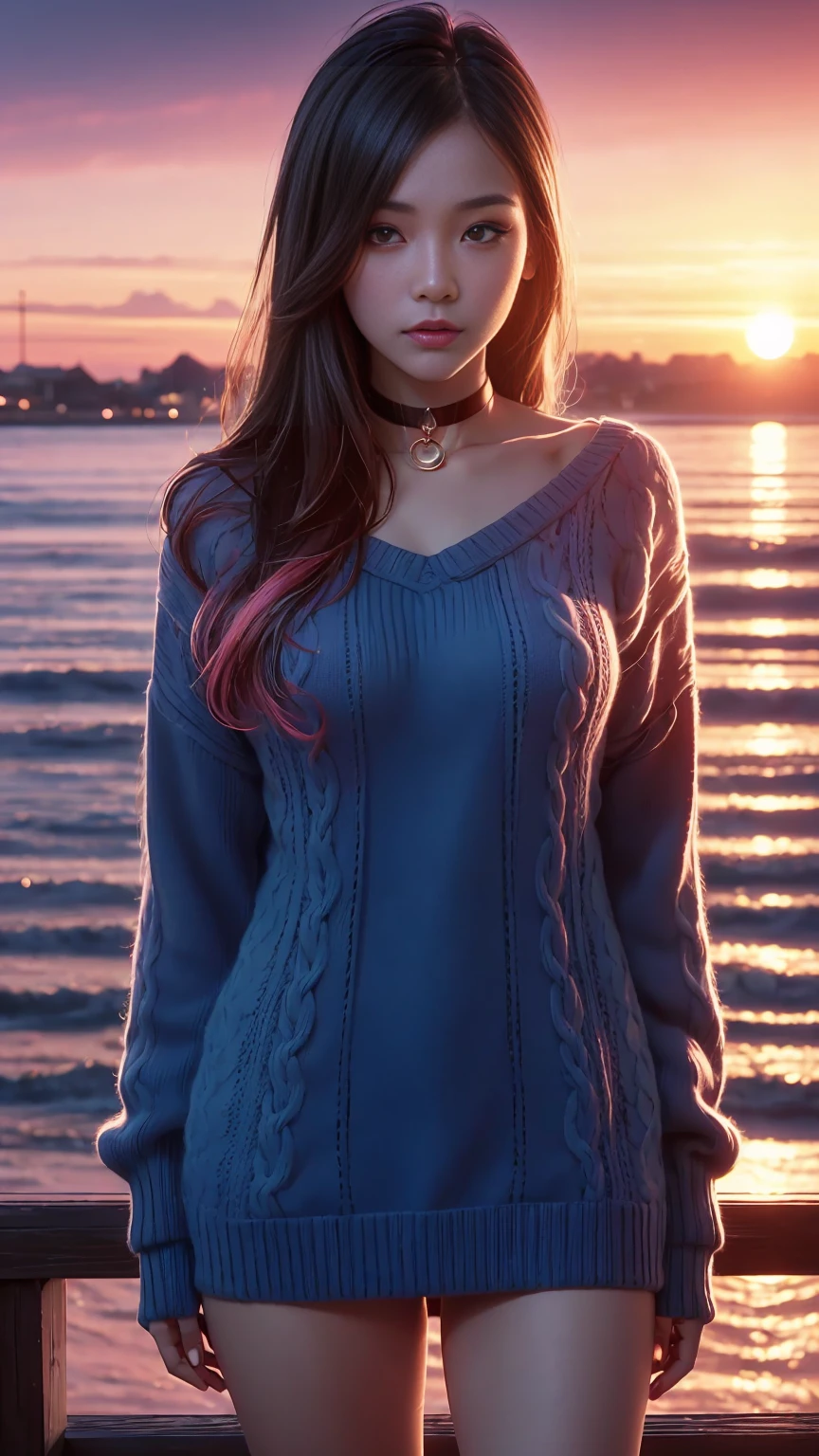 1 young sexy girl, very slim, perfect body, rouge, red neck choker, cateyes makeup, colorful, oversize knit jumper, softcore, warm lighting, cosy atmosphere, Instagram style, blue theme, full body shot,(cinematic, black and pink:0.85), (sunset beautiful background:1.3), sharp, dim colors