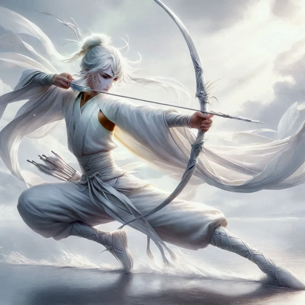 a white waif gaussian silk loincloth bottom and top holding a long thin long rifle, in dynamic splits pose aiming at its prey, 8...