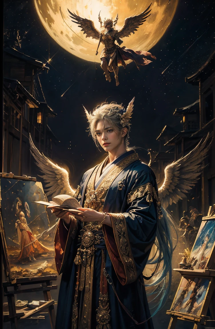 (Tabletop, Highest qualityの, Highest quality, Official Art, (beautifully、beautiful:1.4), (Oil painting:1.4) ),（（male））  (lucifer), God of Japanese God Stories々々, fleeting beauty, A mysterious god illuminated by the starry sky, Winged Angel、god&#39;Grace, Calm and thoughtful expression, Flowing Heavenly Robe, Dazzling silver stars light up the night view, Dance of shadows and lights, Whispers of Ancient Legends