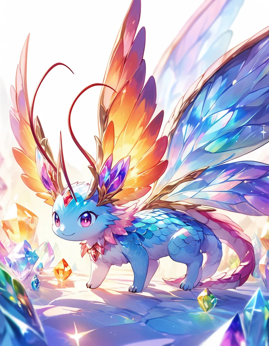 A majestic anime-inspired crystal creature poses majestically against a brilliant white background, its iridescent scales glistening in 8K resolution. Delicate details on the monster's wings and antennae sparkle like diamonds, as it stretches forth with an endearing expression. The composition is simple yet effective, drawing focus to the crystal creature's captivating cuteness. Soft, warm lighting enhances the scene's vibrancy, inviting the viewer to step into this whimsical world, ImgFixerPre0.3