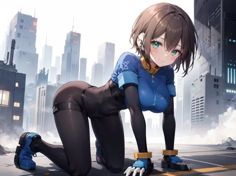 aile_megamanzx, kneeling with hands on the ground and , 1girl, solo, short hair, brown hair, short sleeves, (bodysuit), robot ea...